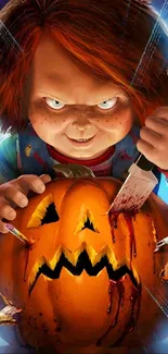 Chucky with a carved pumpkin and knife, Halloween wallpaper.