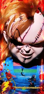 Creepy Chucky doll with fiery accents background.