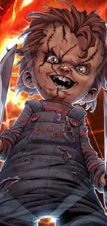 Cartoon Chucky with knives on fire background.