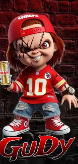 Chucky-inspired cartoon character in red attire with a beer on a dark background.