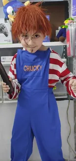 Child in Chucky costume with blue overalls, holding a bat.