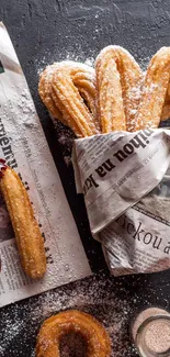Churros wrapped in newspaper with chocolate dip on dark background.