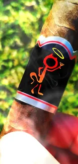 Cigar held over green grass in sunlight.