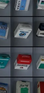 Grid of various cigarette packs on grey background.