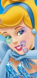 Cinderella cartoon wallpaper with bubbles and glass slippers.