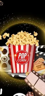 Cinema-themed wallpaper with popcorn and movie icons.