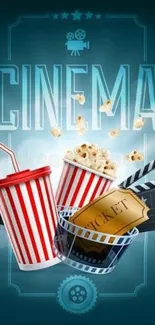 Cinema-themed wallpaper with popcorn and soda.