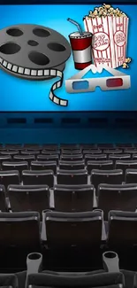 Animated movie icons on theater screen with blue background.