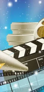 Cinema-themed wallpaper with clapperboard and film reel.