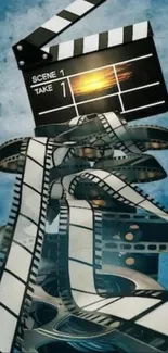 Artistic wallpaper featuring film reel and clapperboard against a blue background.
