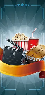 Stylized cinema-themed wallpaper with popcorn, drink, ticket, and clapper.