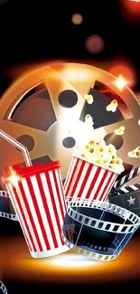 Cinematic mobile wallpaper with popcorn, film reel, and soda.