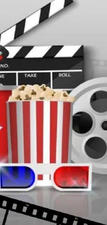 Cinematic wallpaper with popcorn, film reels, and 3D glasses.