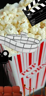 Popcorn and movie theme mobile wallpaper with cinema elements.