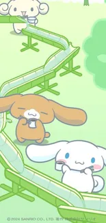 Adorable Cinnamoroll sliding down in a cute pastel landscape wallpaper.