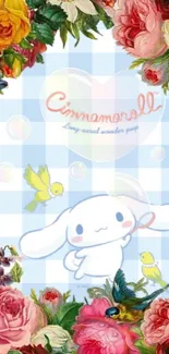 Cinnamoroll with floral border on pastel background.