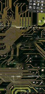 Close-up of a dark green circuit board pattern for a tech-themed mobile wallpaper.