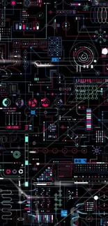 Futuristic circuit board digital art wallpaper with neon details.