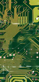 Green circuit board wallpaper with gold patterns and tech design.