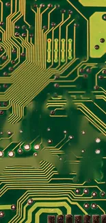 Green circuit board wallpaper with intricate electronic patterns.