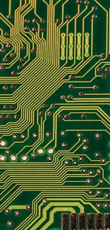 Intricate green and yellow circuit board wallpaper for mobile devices.