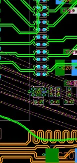 Vibrant circuit board design with green lines on black background.