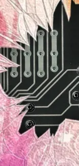 Circuit board breaking through pink abstract background.