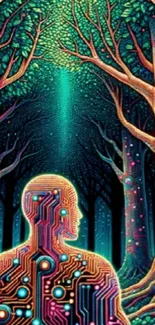 A futuristic circuit-themed forest mobile wallpaper with vibrant colors.