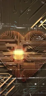 Heart-shaped circuit board in gold tones on a dark background.