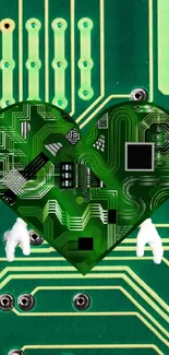 Green circuit board wallpaper with heart design.