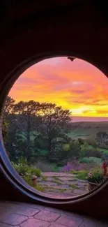 Vibrant sunset through circular window.