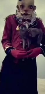 Abstract circus performer in red costume, holding an animal, set against a dreamy background.