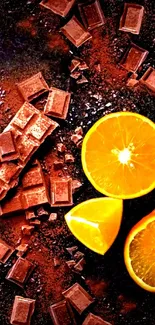 Chocolate pieces with fresh orange slices on a vibrant mobile wallpaper.