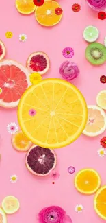 Colorful citrus and flower wallpaper on pink background.