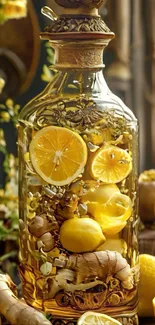 Ornate glass bottle with citrus slices and ginger roots.