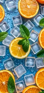 Orange slices, ice, and mint on a blue background.