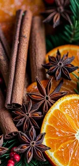 Orange slices with cinnamon sticks and star anise.