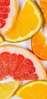 Colorful citrus fruit slices in vibrant orange and pink hues on a fresh wallpaper.