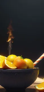 Vibrant citrus fruits in a bowl with a dark background and artistic lighting.