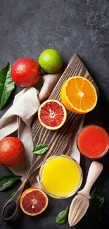 Colorful citrus fruits on dark background wallpaper.