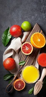 Vibrant citrus fruits with dark stone background and wooden board.