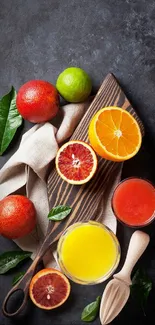 Vibrant citrus fruits arranged on a dark background for a lively mobile wallpaper.