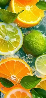 Vibrant citrus fruits wallpaper with orange and lime slices in water.