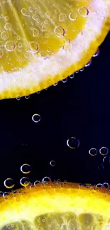 Vibrant lemon slices with bubbles against a dark background.