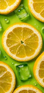 Vibrant lemon slices with ice cubes on green background.