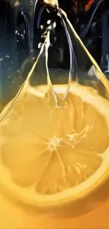 Lemon slice in golden liquid with splash effect.
