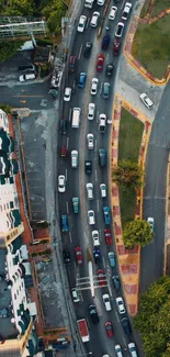 Aerial view of city traffic on urban roads.