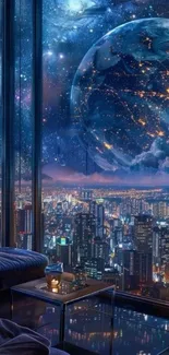 Futuristic cityscape with a cosmic view of the galaxy at night.