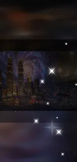 Cosmic cityscape with stars blending into the night sky over skyscrapers.