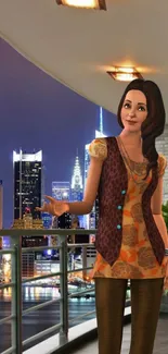 Stylish woman on balcony with city skyline.